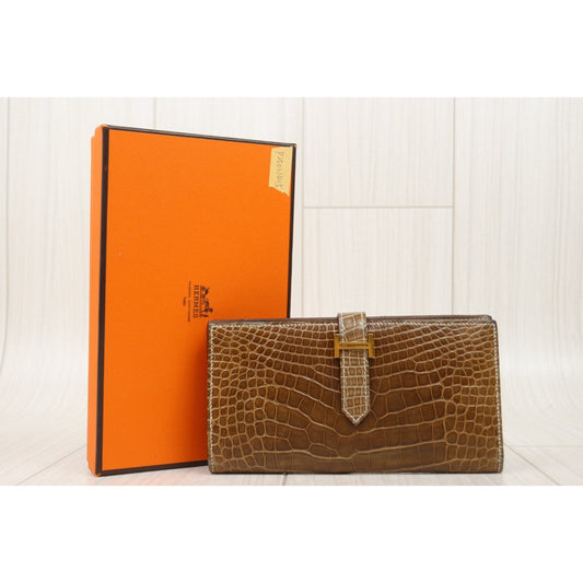 Good ( Rank AB)| HERMES Hermes Bearn Soufflet Crocodile skin Long Wallet Brown|P25031405