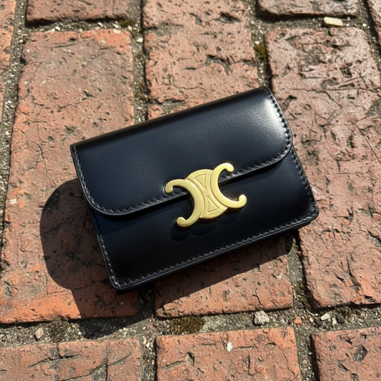 Include Entrupy Certificate of Authenticity|Very Good ( Rank A)|CELINE Calf Leather Box Black Card Holder Golden Hardware|S26030832