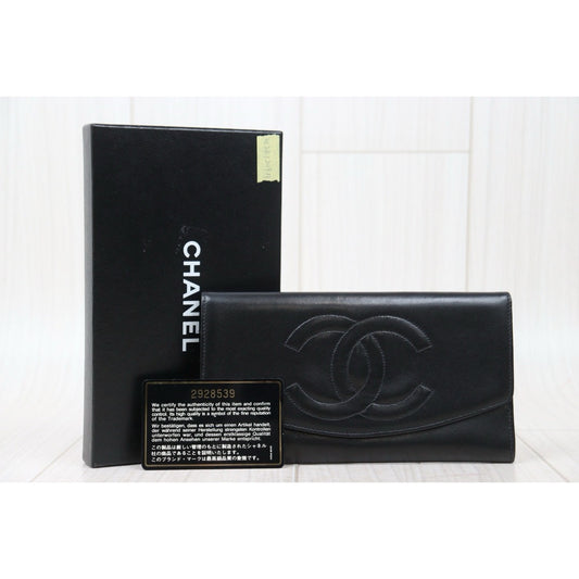 Good ( Rank AB)|CHANEL Lambskin Black Long Wallet Made In 1991-1994 Year|W24120911