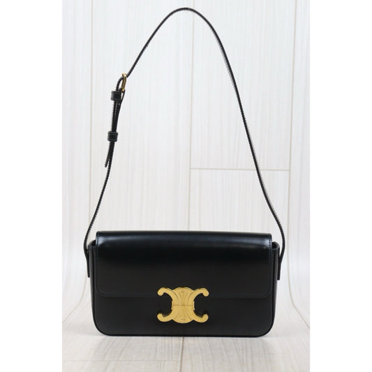 Good ( Rank AB) |CELINE Calf Leather Triomphe Black Shoulder Bag Golden Hardware|S25110429