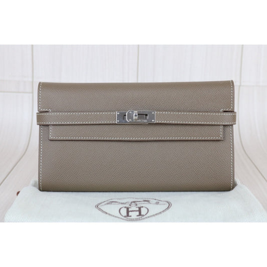 Very Good ( Rank A)| HERMES Epsom Kelly Wallet Gray □R Stamp Made In 2014 Year|W25060311