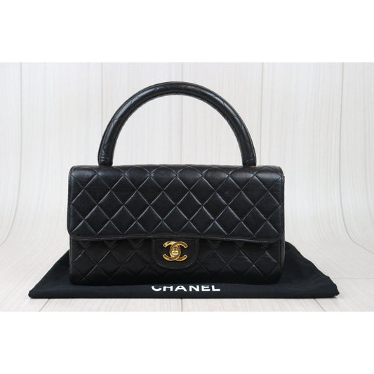 Good ( Rank AB)|CHANEL Coco Handle Lamb Skin Handbag Black Made In 1991-1994Year|P24073008