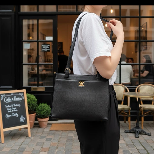 Include Entrupy Certificate of Authenticity|Very Good ( Rank A)| CHANEL Caviar Skin Vintage Tote Bag Black Made In 1997~1999Year|S26031905