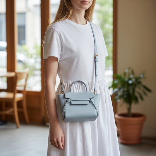 Include Entrupy Certificate of Authenticity|Good ( Rank AB)|CELINE Calf Leather Belt Nano Handbag Shoulder Bag Light Blue|X26030106