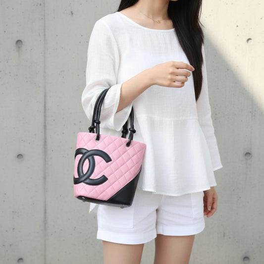 Include Entrupy Certificate of Authenticity|Good ( Rank AB)| CHANEL Cambon Line Calf Leather Small Tote Bag Made In 2004-2005Year|Y26051520
