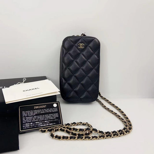 Rank AB | CHANEL Caviar Skin Mobile Holder Shoulder Bag Black|2302224