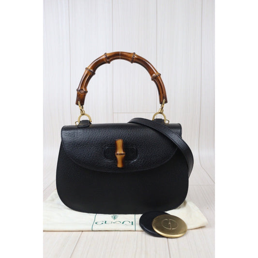Rank A| GUCCI Bamboo Calf Leather Black Hand Bag With Shoulder Bag |24071130