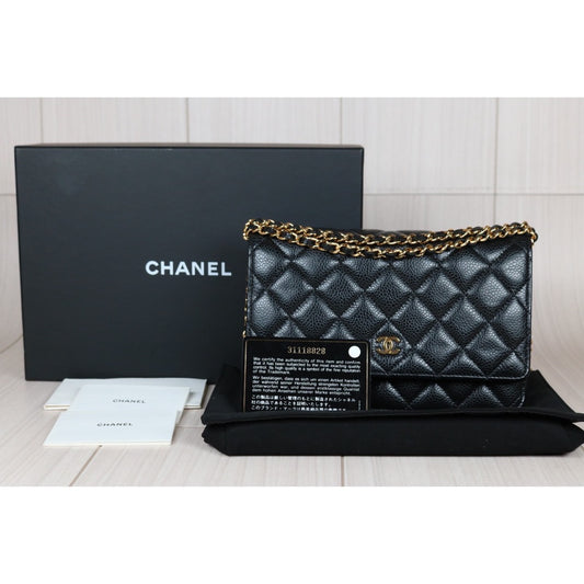 Very Good ( Rank A)| CHANEL Matelasse Caviar Skin Chain Wallet Black Gold Hardware Made in 2021-2022 Year |W24053101