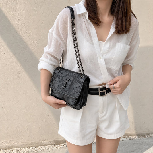 Include Entrupy Certificate of Authenticity|Very Good ( Rank A)| Saint Laurent YSL Saint Laurent Niki Shoulder Bag Black PM|W26071703