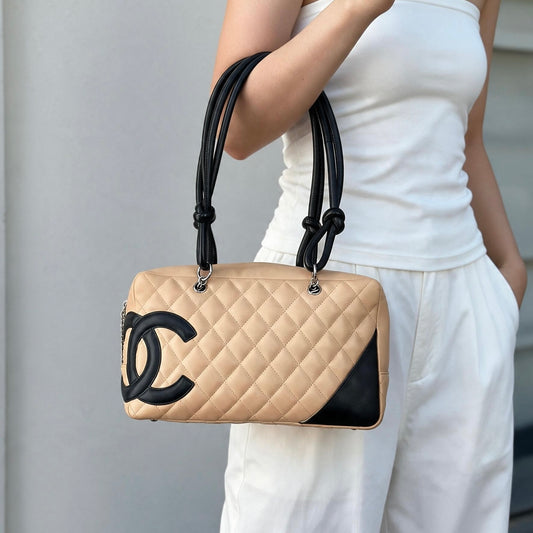 Include Entrupy Certificate of Authenticity|Good ( Rank AB) | CHANEL Cambon Ligne Bowler Beige Black Made In 2004-2005 Year|Z26100202