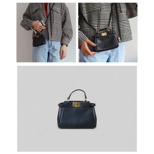 Excellent(Rank SA)| FENDI Lamb Skin Micro Mini Peeapoo Handbag With Shoulder Bag Black|S25041803