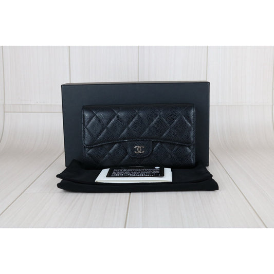 Very Good ( Rank A) |CHANEL Caviar Skin Black Long Wallet Made In 2014 Year|S25040706