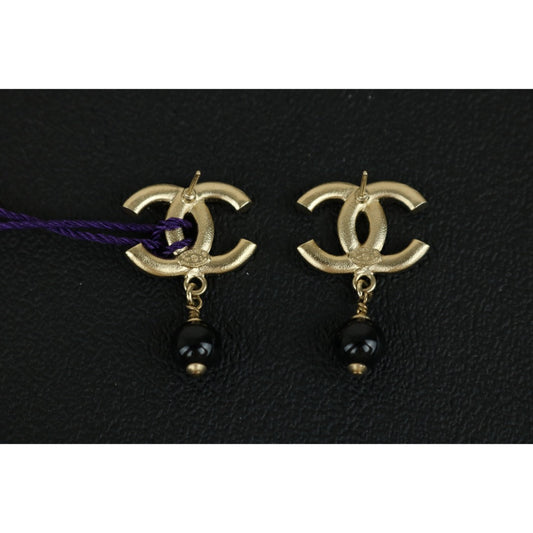 Very Good ( Rank A)| CHANEL Coco Mark Gold Rhinestone Black Pearl Earrings |F25021106