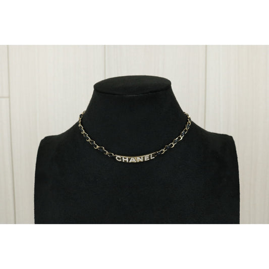 Excellent(Rank SA)| CHANEL Coco Mark leather Chain Rhinestone Chocker Necklace |F25032508
