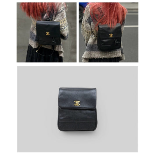 Good ( Rank AB)|CHANEL Caviar Skin Leather Calf Leather Backpack Black Made in 1996-1997Year|P25041405