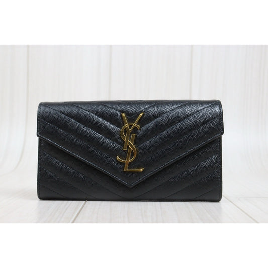 Include Entrupy Certificate of Authenticity|Good ( Rank AB)| Saint Laurent YSL Caviar Skin Long Wallet Black |26091401