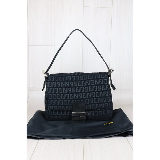 Very Good ( Rank A)| FENDI Zucca Mamma Baguette Velvet Horsehair Shoulder Bag Black|X25101502