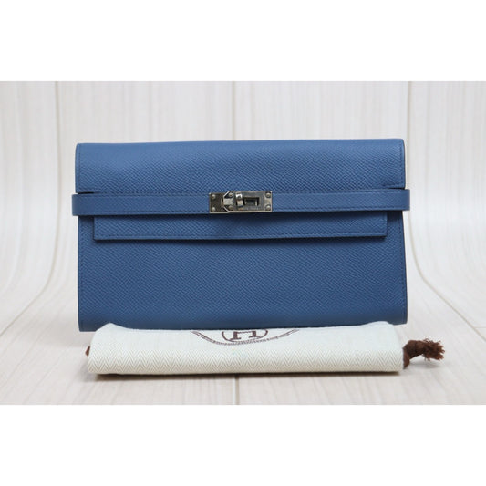 Very Good ( Rank A)| HERMES Epsom Kelly Long Wallet Agate Blue X Stamp Made In 2016Year|W26020603