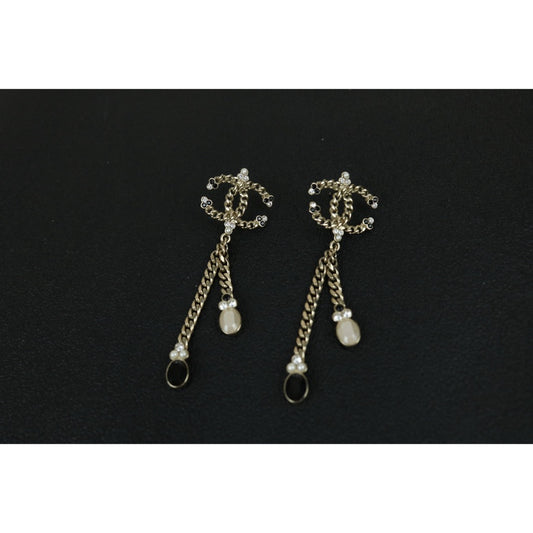 Excellent(Rank SA)| CHANEL Coco Mark Chain Pearl Rhinestone Earrings|S24122607