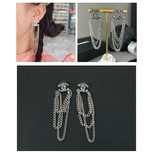 Excellent(Rank SA)| CHANEL Coco Mark Chain Rhinestone Earrings Silver|X25020913