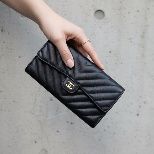 Include Entrupy Certificate of Authenticity|Very Good ( Rank A)|CHANEL Calf Skin Black Long Wallet Made In 2016-2017Year|S26053007