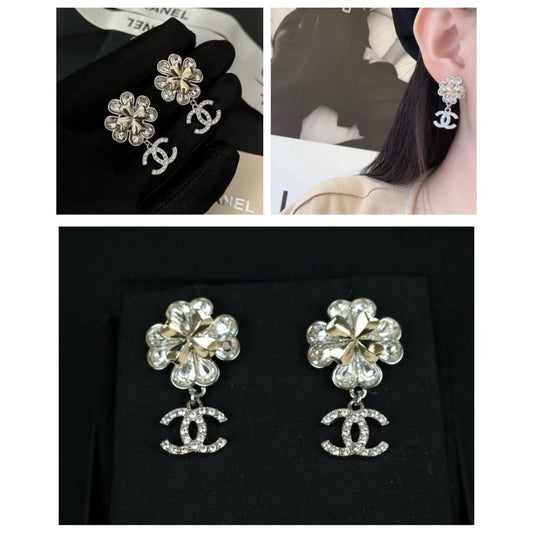 Excellent(Rank SA)| CHANEL Coco Mark Four leaf clover Rhinestone Earrings|X25030104