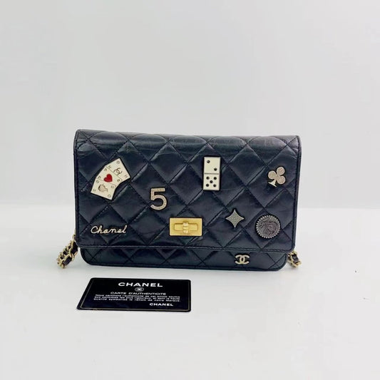 Rank A| CHANEL Limited Matelasse Leather 2.55 Chain Wallet Black Gold Hardware |230841