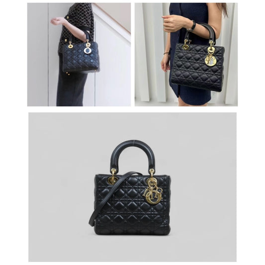 Good ( Rank AB)| Dior Lady Dior Lamb Skin 2WAY Shoulder Bag Handbag Black |H25052503