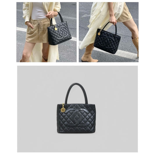 Good ( Rank AB) | CHANEL Caviar Skin Leather Calf Leather Tote Bag Black Made In 2000~2002 Year|25041418