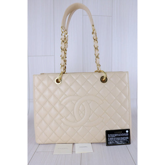 Very Good ( Rank A) | CHANEL Caviar Skin Matrasse Chain GST Tote Bag Beige Made In 2010-2011Year|S25122306