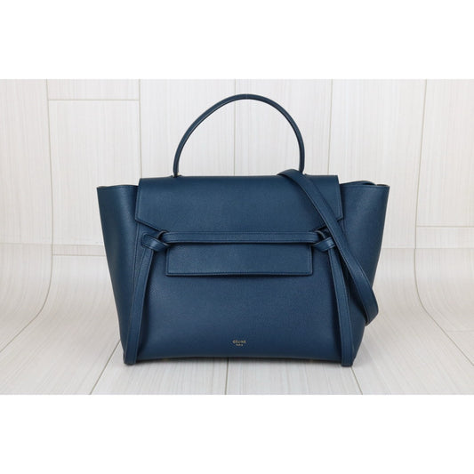 Excellent(Rank SA)|CELINE Leather Calf Belt Mini Handbag Shoulder Bag Steel Blue|B25030102