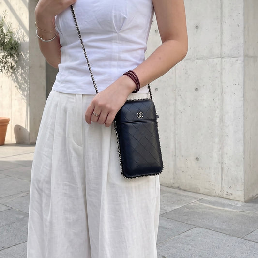 Include Entrupy Certificate of Authenticity|Very Good(Rank A)|CHANEL Calfskin Mixed Metal Hardeare Chain Phone Holder Shoulder Bag Black Made in 2016-2017Year|S26090741