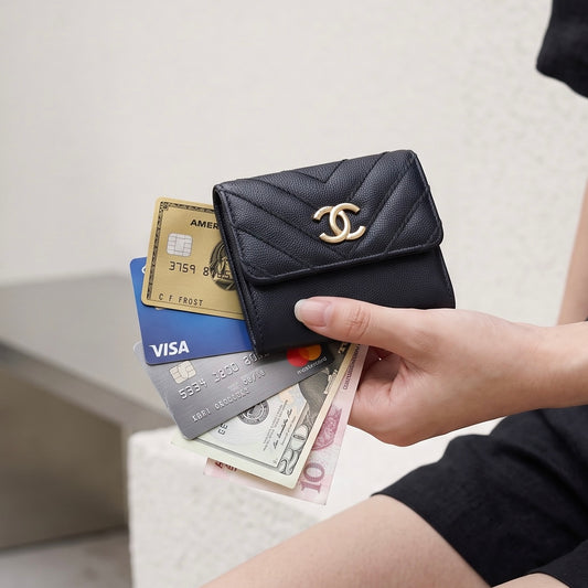 Include Entrupy Certificate of Authenticity|Good ( Rank AB)|Chanel Calf Skin V-Patterned Black Wallet Made In 2019Year|S26072510