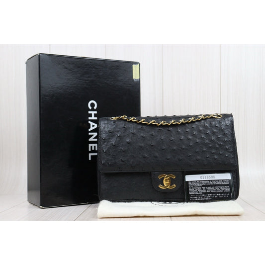 Good ( Rank AB)| CHANEL Ostrich Skin Double Flap 25 Chain Shoulder Bag Black Made In 1986 - 1988 Year|25030704
