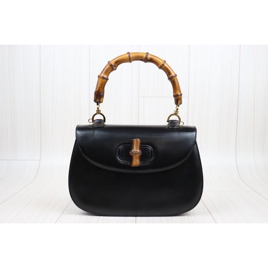 Rank A | GUCCI Bamboo Box Leather Black Hand Bag |23111608
