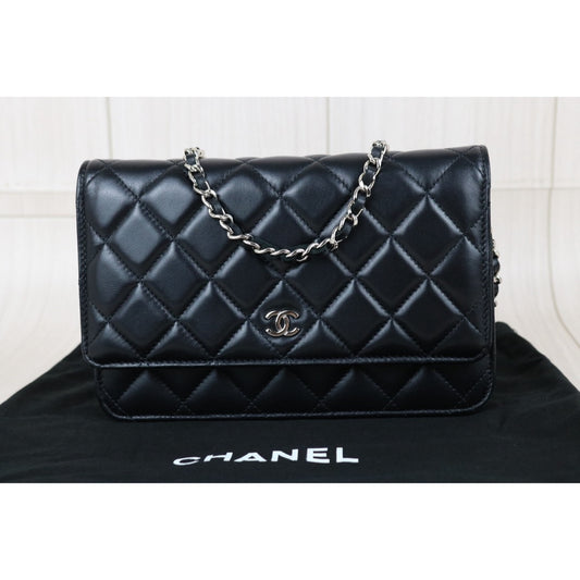 Include Entrupy Certificate of Authenticity|Very Good ( Rank A)|CHANEL Lamb Skin WOC Chain Bag Black Made In 2020-2021 Year |X26100709