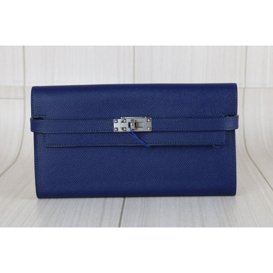 Include Entrupy Certificate of Authenticity|Very Good ( Rank A)| HERMES Epsom Kelly Long Wallet Agate Blue X Stamp Made In 2013Year|W26030404