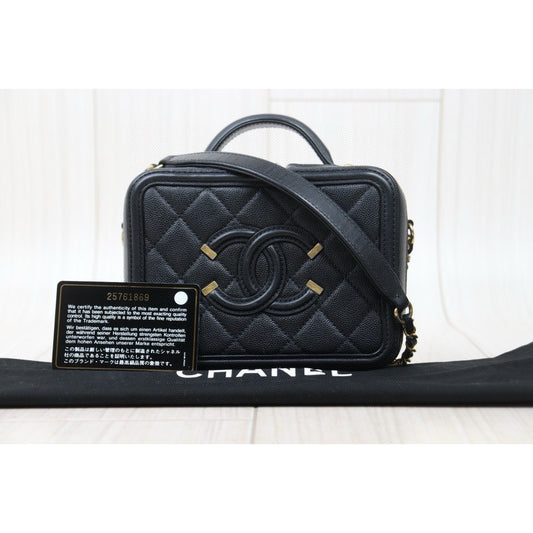 Very Good ( Rank A)| CHANEL Caviar Skin Leather Calf Leather Mini Vanity Case Shoulder Bag Black Made In 2018 Year |P24122007