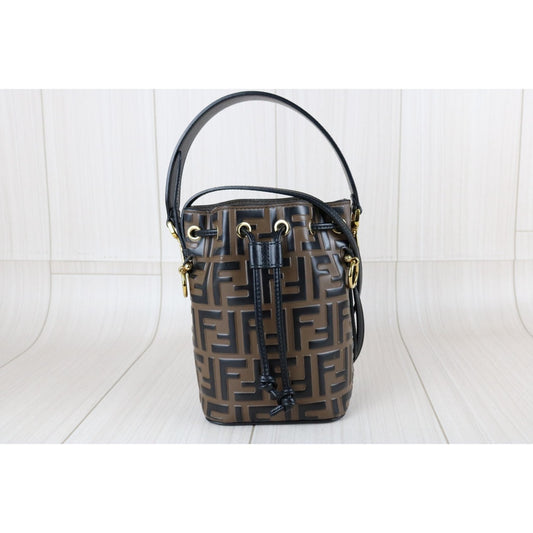 Include Entrupy Certificate of Authenticity|Good ( Rank AB)| FENDI Zucca Mini Mon Tresor Calf Leather Bucket bag Shoulder Bag Brown |S26041409