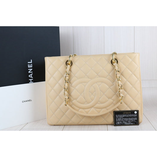 Include Entrupy Certificate of Authenticity|Excellent( Rank SA) | CHANEL Caviar Skin Matelasse Chain GST Tote Bag Beige Made In 2014Year|X26100711