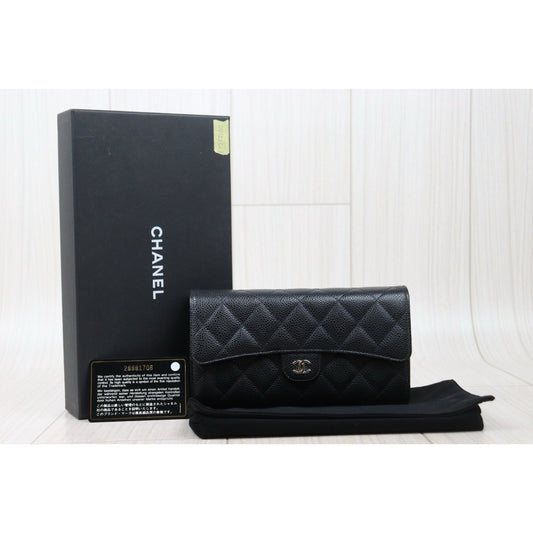 CHANEL Excellent(Rank SA)|CHANEL Caviar Skin Black Long Wallet Made In 2019 - 2020 Year|24122302