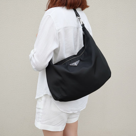 Include Entrupy Certificate of Authenticity|Very Good ( Rank A)|Prada Nylon Black Large Hobo |26070901