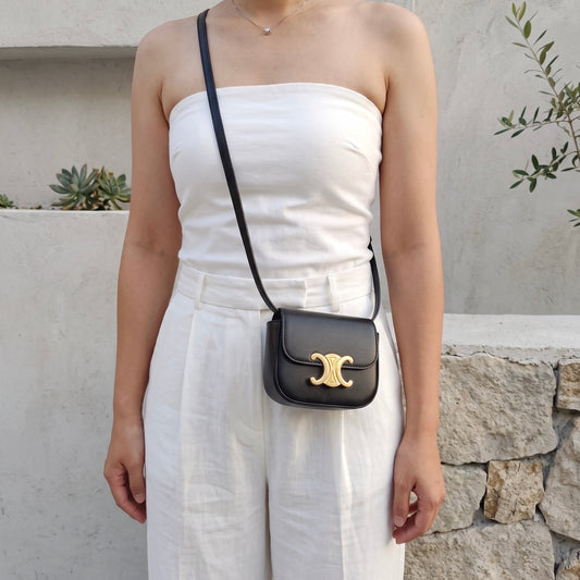 Include Entrupy Certificate of Authenticity|Very Good ( Rank A)| CELINE Shiny Calfskin Mini Triomphe Shoulder Bag Black Golden Hardware|26081803