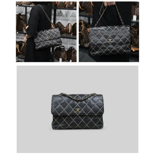 Good ( Rank AB)| CHANEL Matrasse Sellier Calf Leather Single Flap 28 Chain Bag Black Made In 2000-2002 Year |25032012