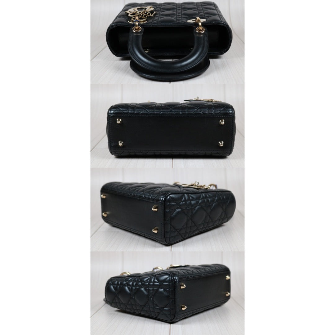 Rank A ｜  Dior Lady Dior Lamb Skin 2WAY Shoulder Bag Handbag Black  ｜S24042904