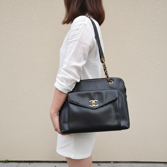 Include Entrupy Certificate of Authenticity|Good ( Rank AB)| CHANEL Caviar Skin Matrasse Chain Vintage Tote Shoulder Bag Black Made In 1994~1996Year|S26052302
