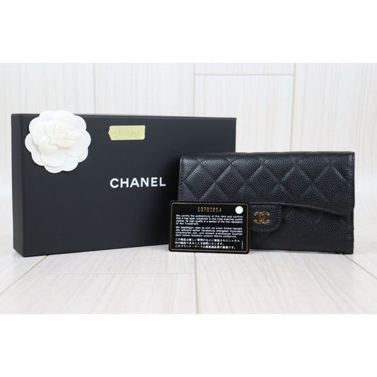Rank A |CHANEL Caviar Skin Black Long Wallet Made In 2014 Year|S23121101