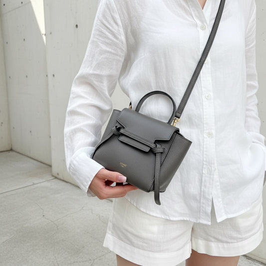 Include Entrupy Certificate of Authenticity|Very Good ( Rank A)|CELINE Calf Leather Belt Pico Handbag Shoulder Bag Etoupe Gray|S26042901