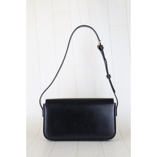 Include Entrupy Certificate of Authenticity|Good ( Rank AB) |CELINE Calf Leather Triomphe Black Shoulder Bag Golden Hardware|S25121504