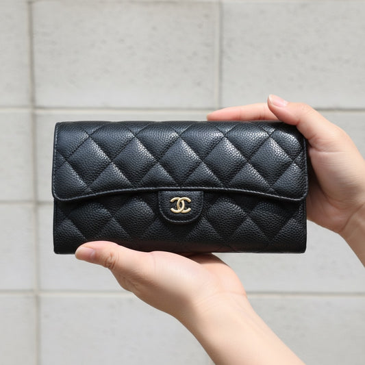 Include Entrupy Certificate of Authenticity|Good ( Rank AB) |CHANEL Caviar Skin Black Long Wallet Made In 2019-2020Year|26052805